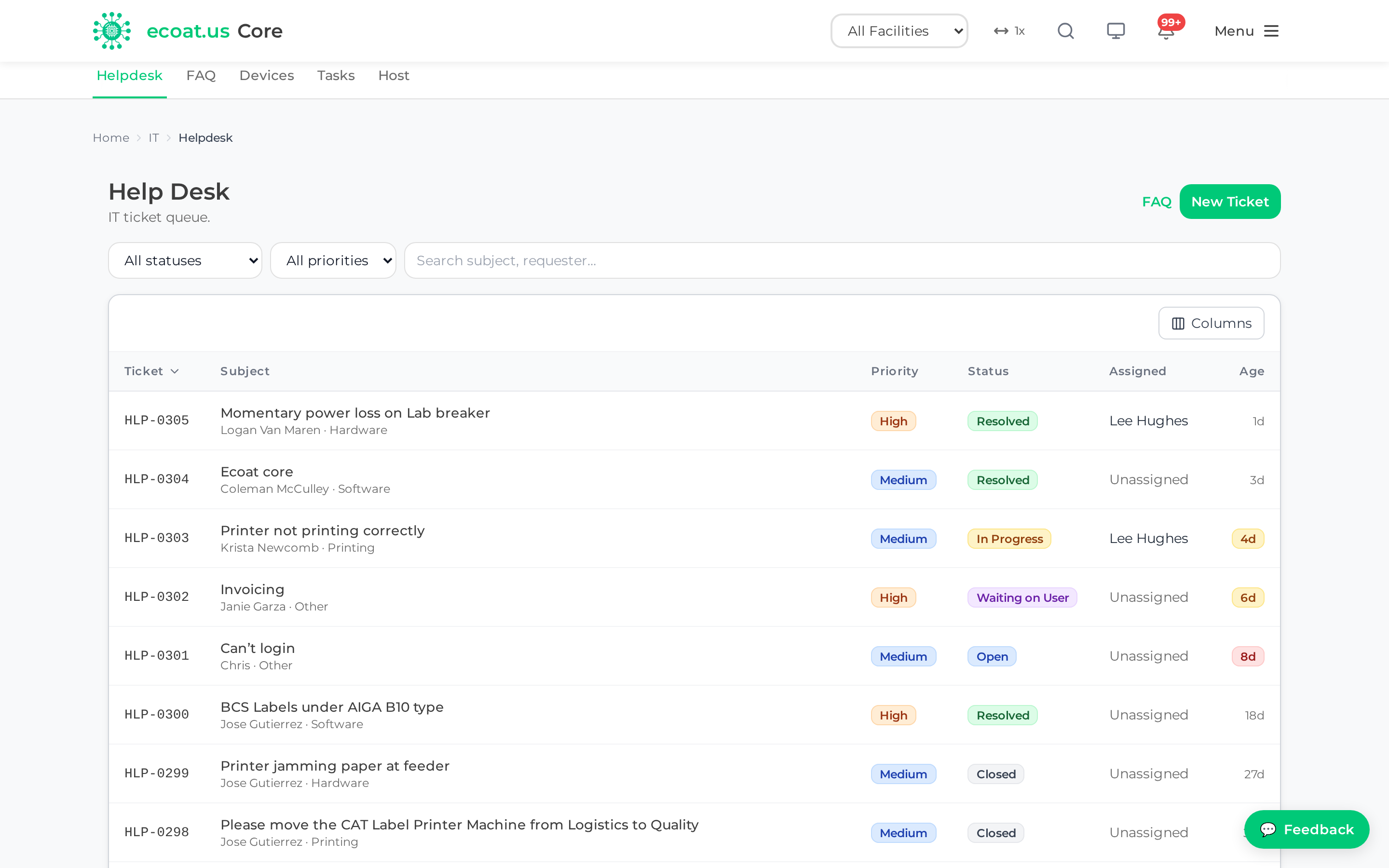 IT Help Desk ticket queue with filters