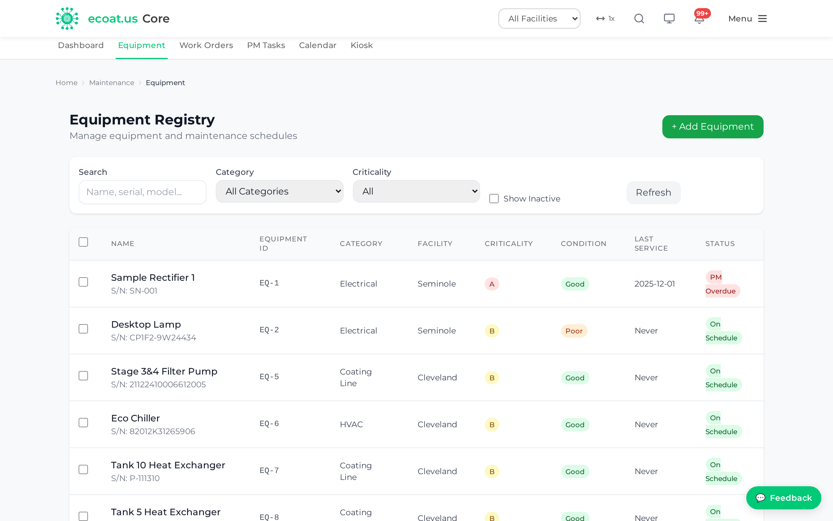 Equipment list with criticality and condition filters