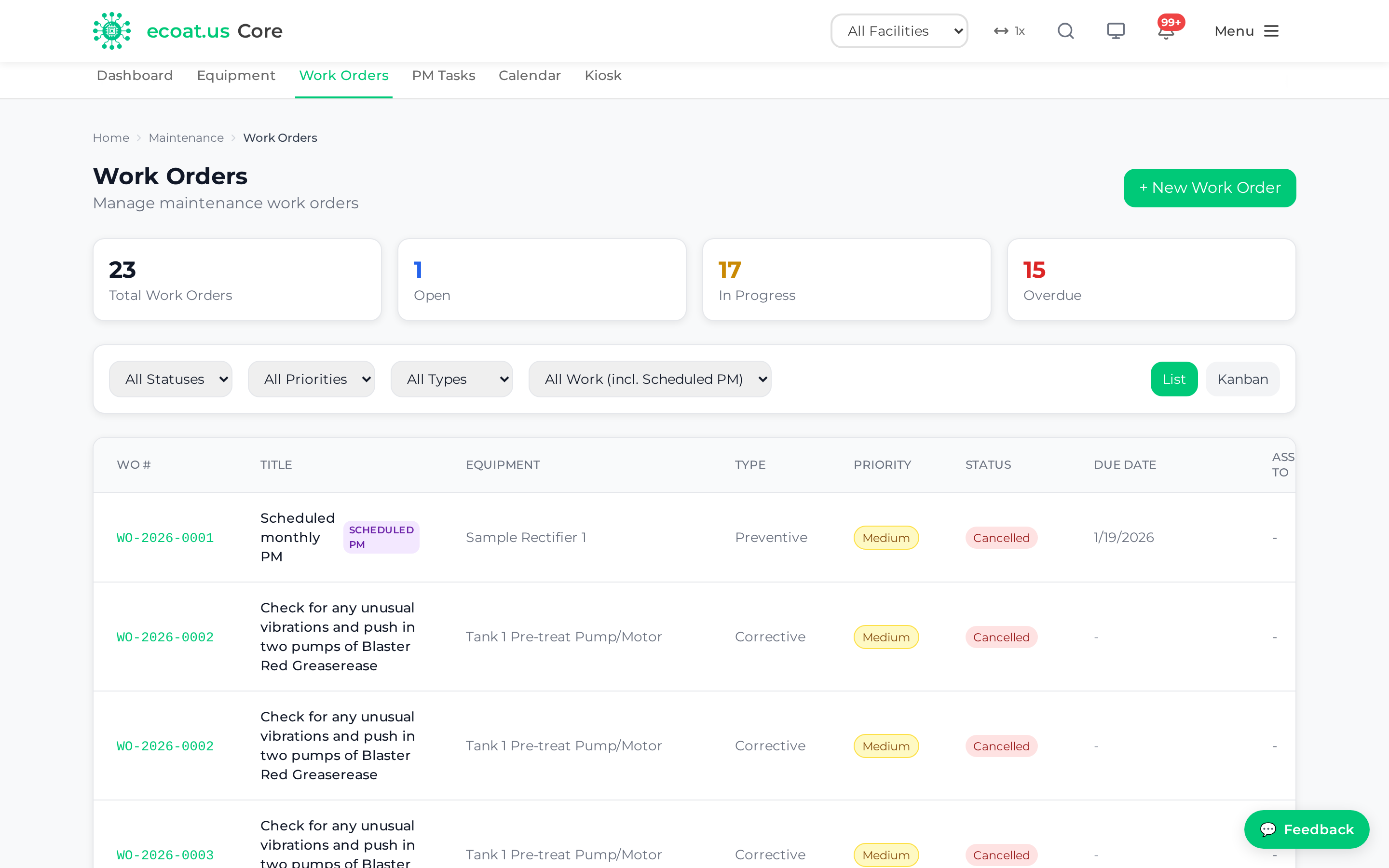 Work orders in Kanban view