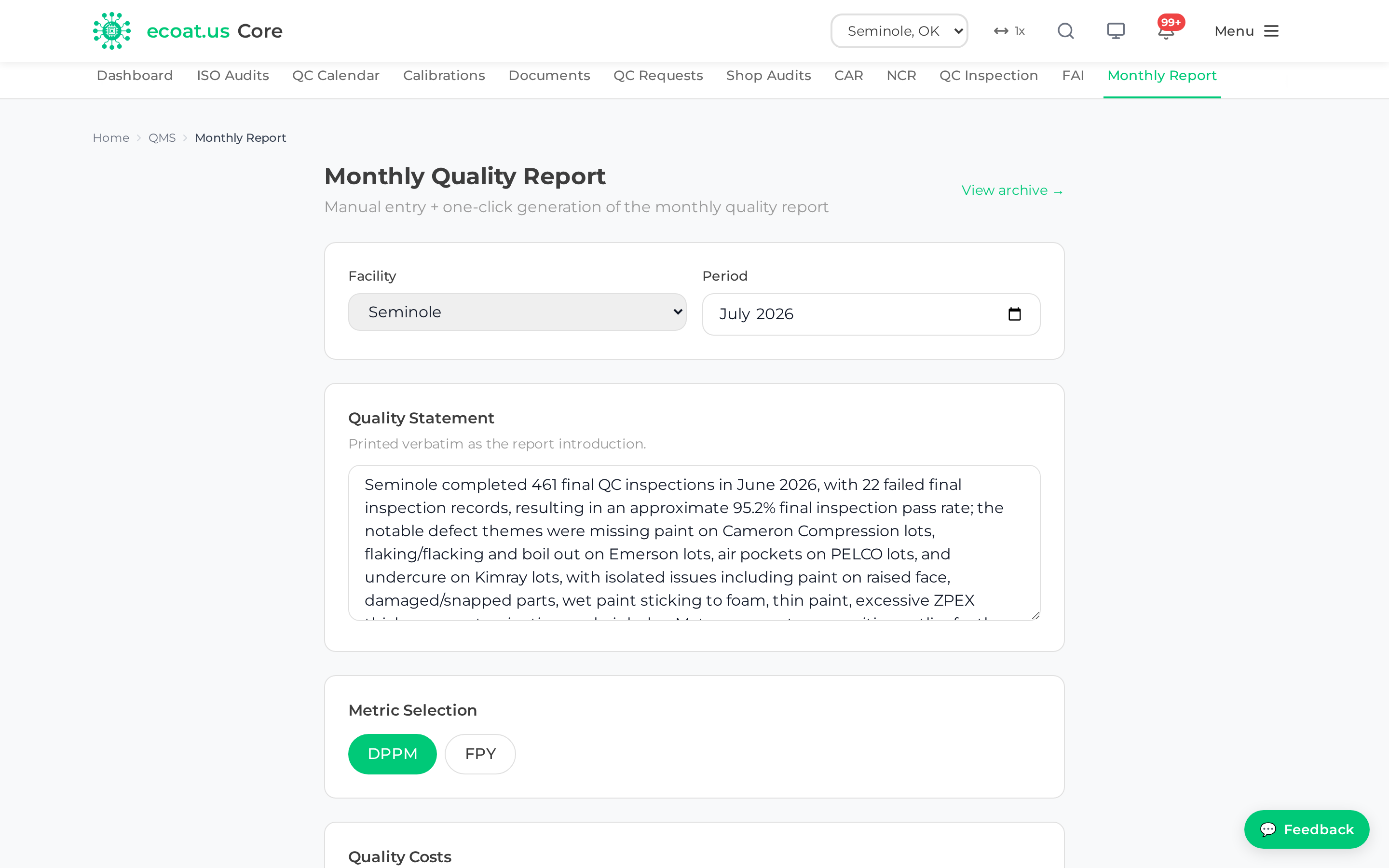 The Monthly Quality Report form
